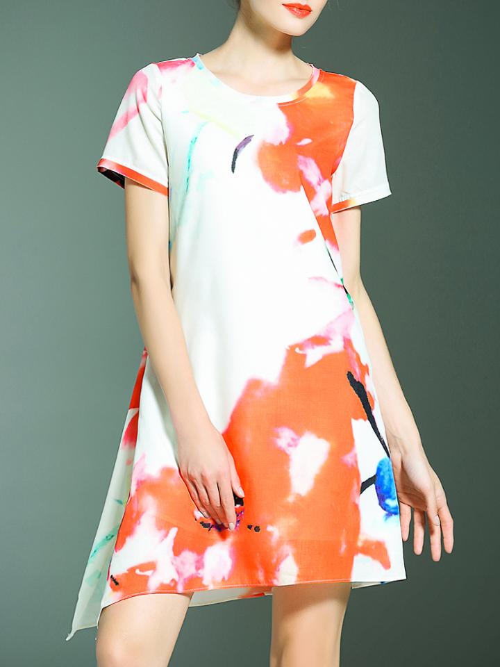 Shein Multicolor Crew Neck Print Asymmetric Dress