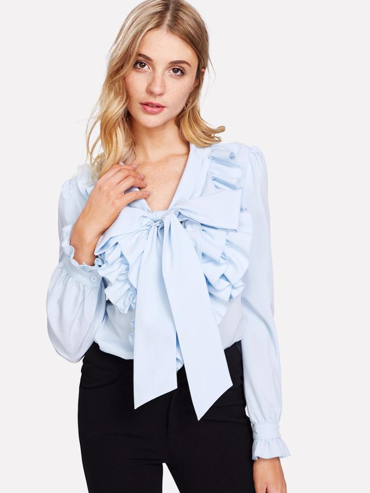 Shein Exaggerate Bow Tie Neck Ruffle Trim Top