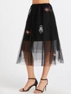 Shein Black Embroidered Sheer Mesh Layered Skirt