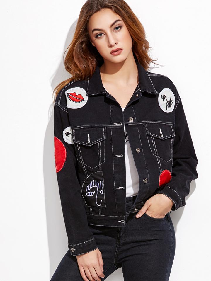 Shein Black Patch Single Breasted Denim Jacket