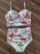 Shein Blue Floral Print Ruched Bustier Bikini Set