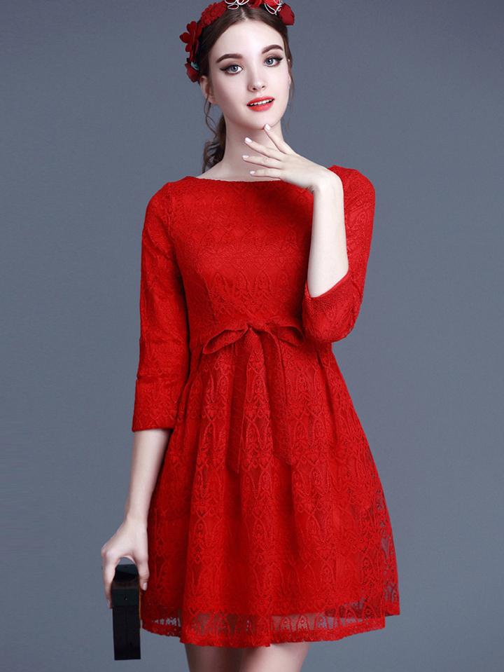 Shein Red Round Neck Length Sleeve Bow-tie Lace Dress