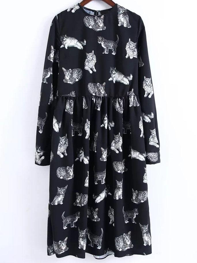 Shein Black Cat Print Knee Length Dress