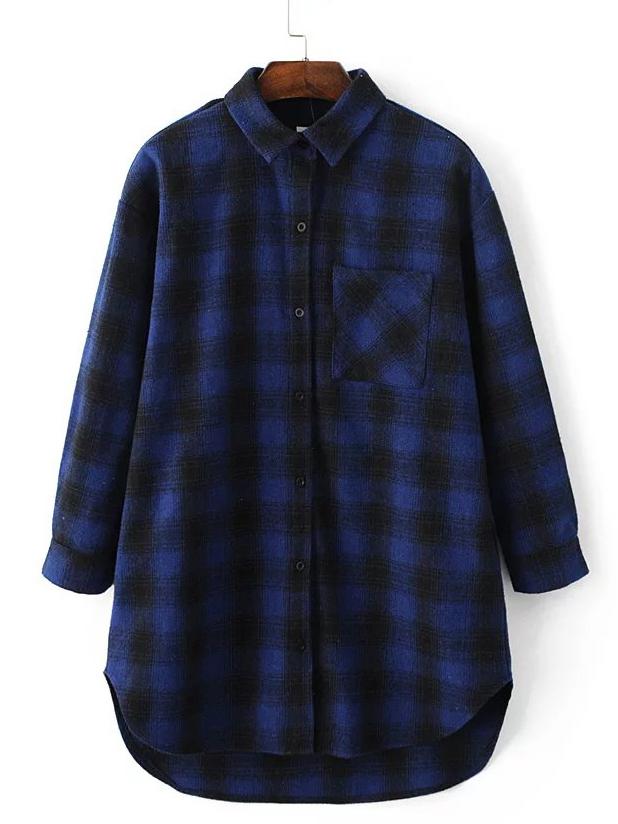 Shein Blue Tartan Plaid High Low Blouse