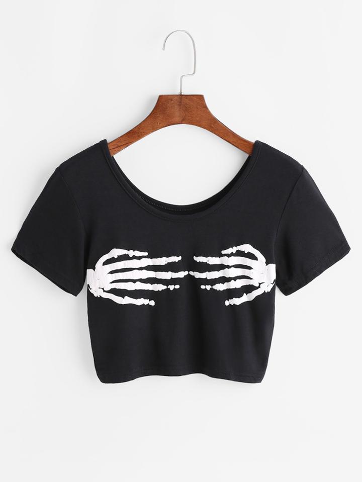 Shein Black Halloween Skeleton Hand Print Crop T-shirt
