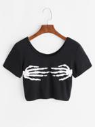 Shein Black Halloween Skeleton Hand Print Crop T-shirt