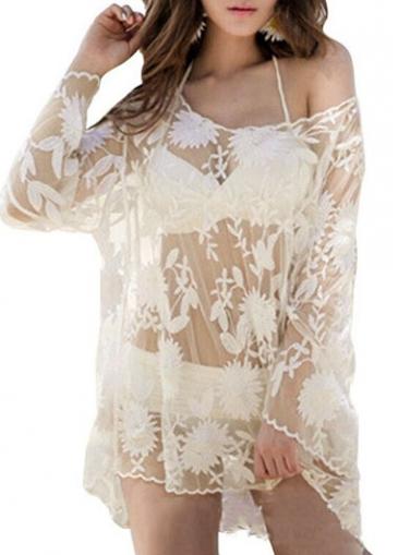 Rosewe Beige Lace Embroidered Flare Sleeve Bikini Cover Up