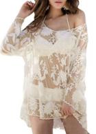 Rosewe Beige Lace Embroidered Flare Sleeve Bikini Cover Up