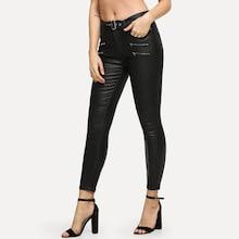 Shein Pu Zip Decoration Belted Pants
