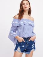 Shein Flounce Layered Neckline Bell Sleeve Striped Top