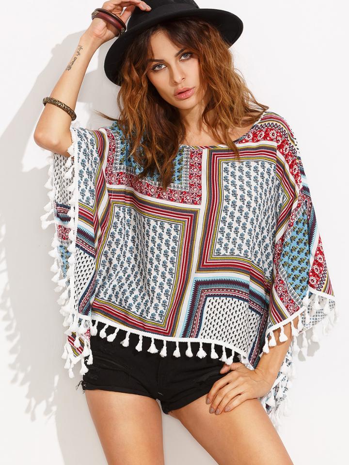 Shein Tribal Print Tassel Hem Batwing Sleeve Blouse