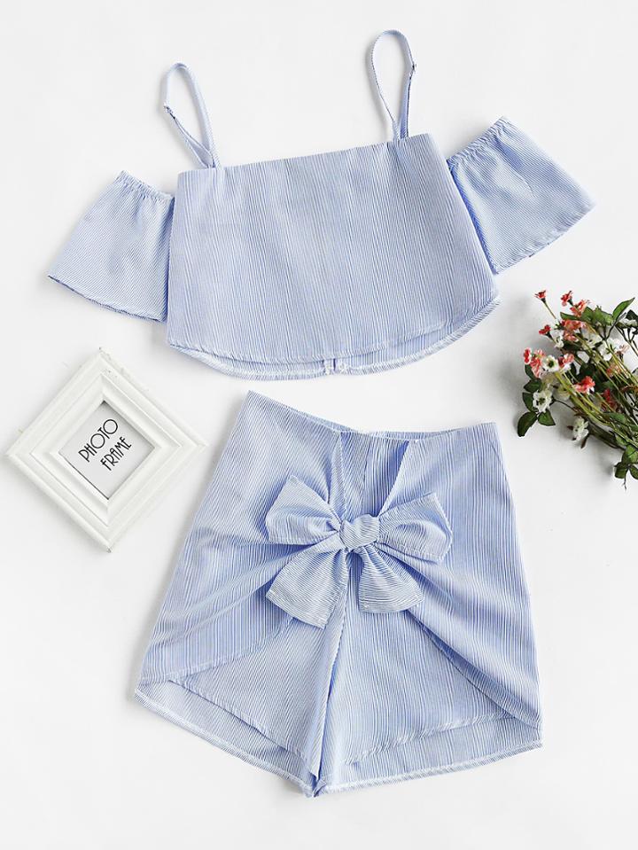 Shein Vertical Pinstriped Zipper Back Top With Knotted Shorts