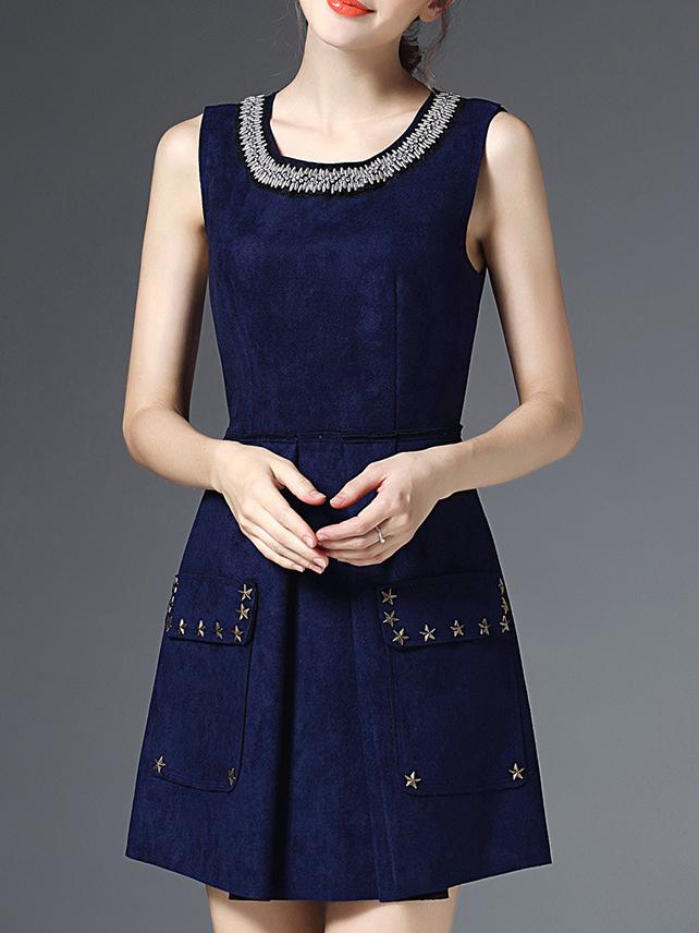 Shein Navy Sleeveless Beaded Suede Star Pockets Dress