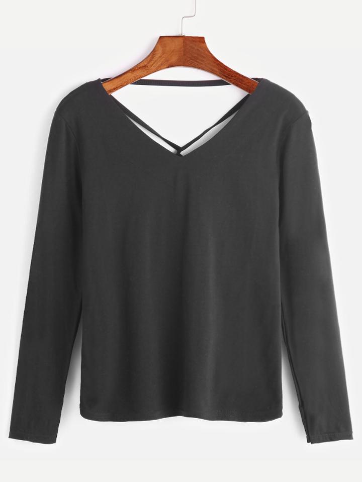 Shein Black V Neck Crisscross Back T-shirt