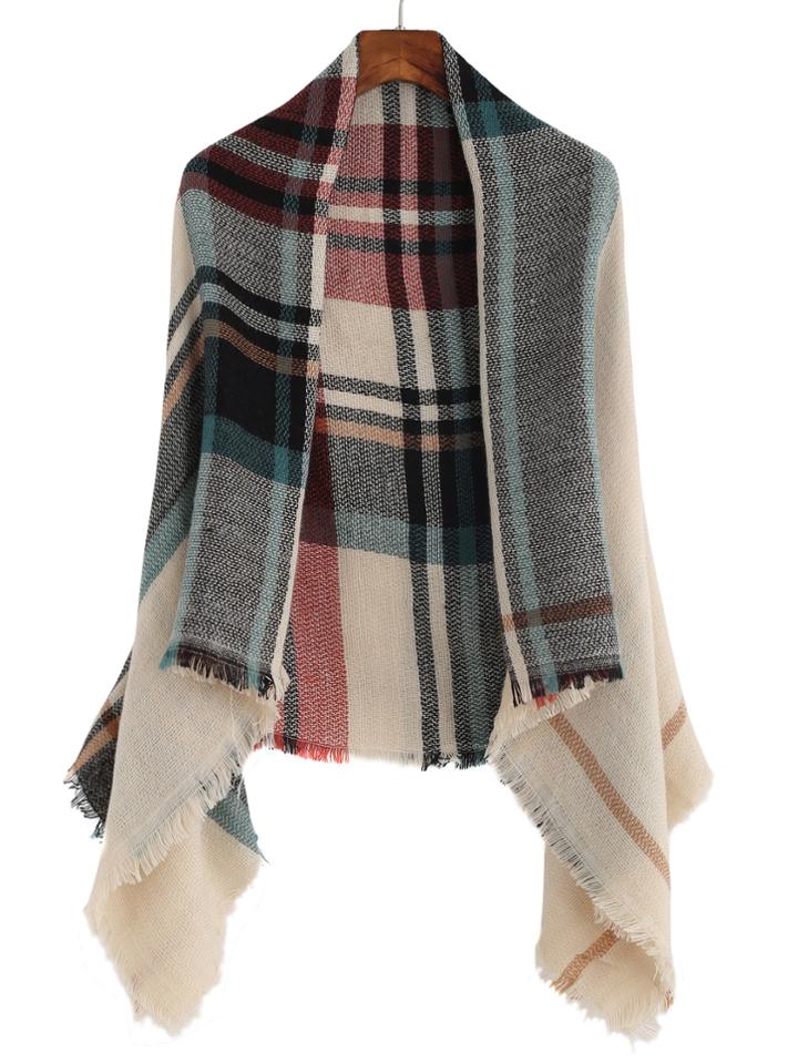 Shein Beige Tone Colored Plaid Raw Edge Shawl Scarf