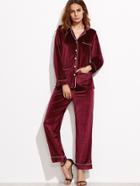 Shein Burgundy Velvet Contrast Trim Pajama Suit