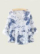 Shein Blue Floral Print Tie Neck Crochet Ruffle Trim Peplum Blouse