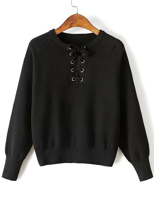 Shein Black Eyelet Lace Up Drop Shoulder Sweater