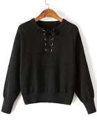 Shein Black Eyelet Lace Up Drop Shoulder Sweater