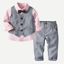 Shein Toddler Boys Bow Front Shirt & Striped Pants & Vest
