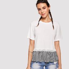 Shein Contrast Hem Lace Trim Knot Back Top