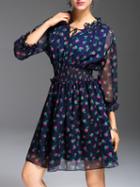 Shein Blue Tie Neck Elastic-waist Floral Dress