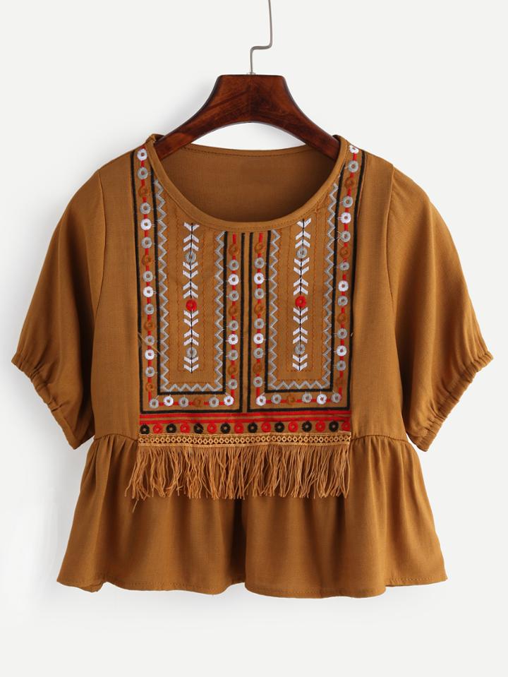 Shein Brown Embroidered Fringe Lace Embellished Ruffle Blouse