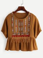 Shein Brown Embroidered Fringe Lace Embellished Ruffle Blouse