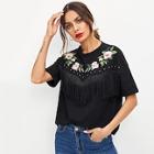 Shein Floral Embroidered Applique Fringe And Bead Detail Tee