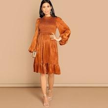 Shein Shirred Panel Bishop Sleeve Frill Trim Dress