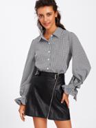 Shein Bow Tied Ruffle Cuff Plaid Buttoned Blouse