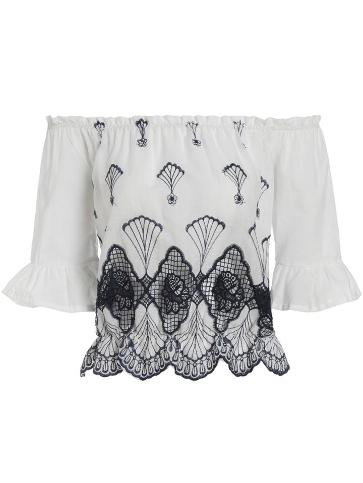 Shein White Boat Neck Bell Sleeve Embroidered Blouse