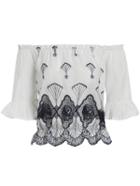 Shein White Boat Neck Bell Sleeve Embroidered Blouse