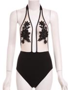 Shein Contrast Flower Embroidered Mesh One-piece Swimwear