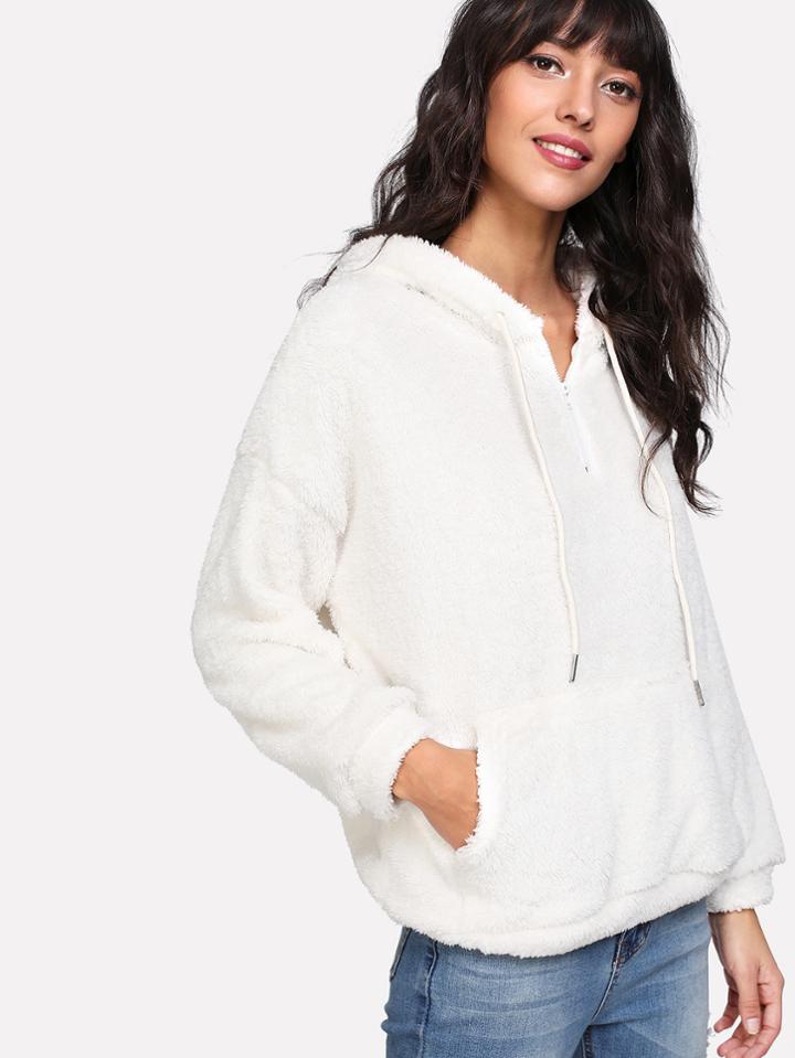 Shein Faux Shearling Kangaroo Pocket Drop Shoulder Hoodie