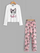 Shein Cats Print Frill Cuff Top And Pants Pajama Set