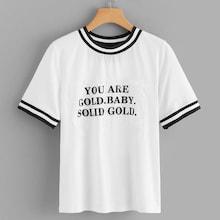 Shein Letter Print Eyelash Lace Trim Ringer Tee