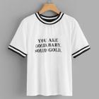 Shein Letter Print Eyelash Lace Trim Ringer Tee