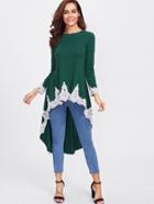 Shein Lace Applique Cuff And Dip Hem Tee