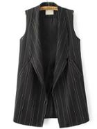 Shein Black Vertical Striped Shawl Collar Vest With Pockets