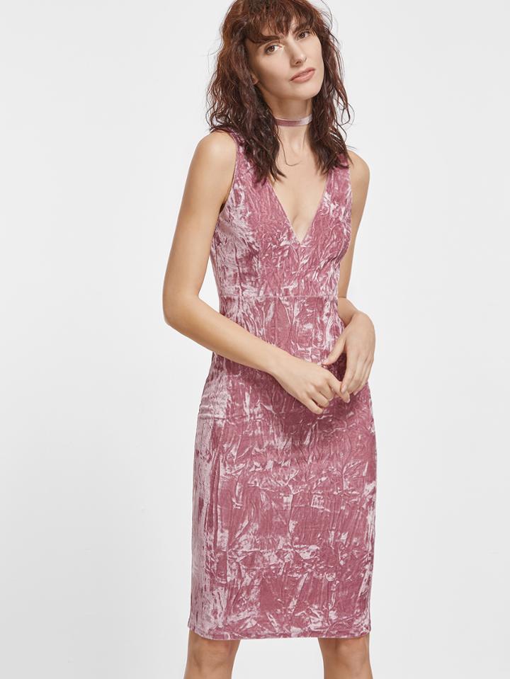 Shein Pink Double V Neck Sleeveless Crushed Velvet Dress