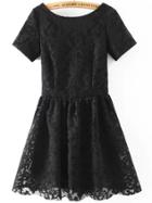 Shein Black Short Sleeve Embroidered Lace Dress