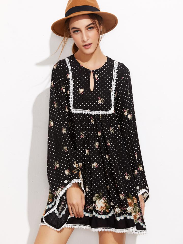 Shein Black Polka Dot And Rose Print Lace Trim Tunic Dress