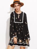 Shein Black Polka Dot And Rose Print Lace Trim Tunic Dress