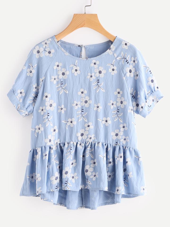 Shein Botanical Print Raglan Sleeve Hi Lo Smock Top
