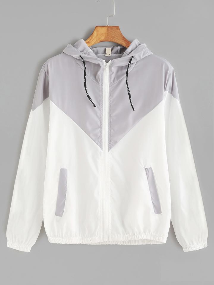 Shein Contrast Zip Up Drawstring Hooded Jacket