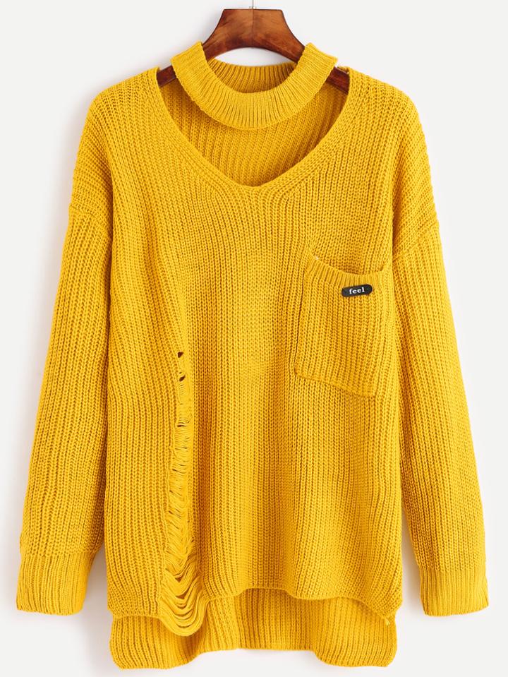 Shein Yellow Choker Neck Ripped Detail Pocket Sweater