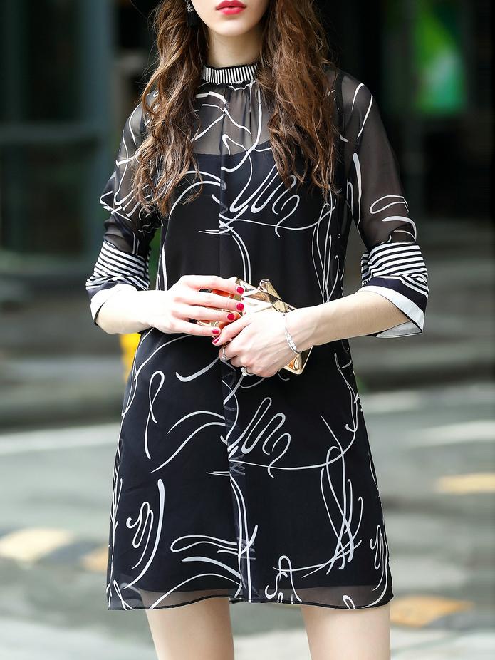 Shein Black Sheer Striped Graffiti Dress