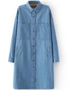 Shein Blue Long Sleeve Pockets Denim Shirt Dress