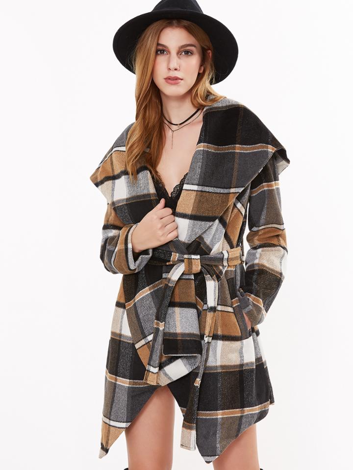 Shein Tartan Plaid Oversized Drape Collar Wrap Coat